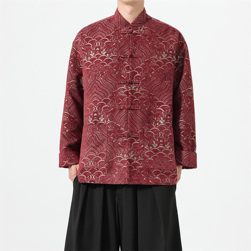 Buddha Stones Fall Winter Tang Style Vintage Mandarin Collar Frog Button Cloud Pattern Spandex Men's Jacket With Pockets - FireBrick - US/UK/AU46,EU56 (5XL) - image 0