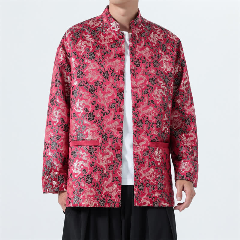 Buddha Stones Fall Winter Tang Style Elegant Mandarin Collar Abstract Dragon Men's Jacket With Pockets - Crimson - US/UK/AU46,EU56 (5XL) - image 13