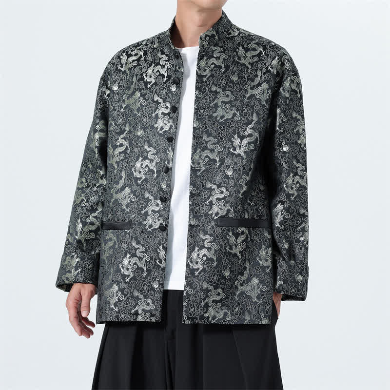 Buddha Stones Fall Winter Tang Style Elegant Mandarin Collar Abstract Dragon Men's Jacket With Pockets - Black - US/UK/AU46,EU56 (5XL) - image 0