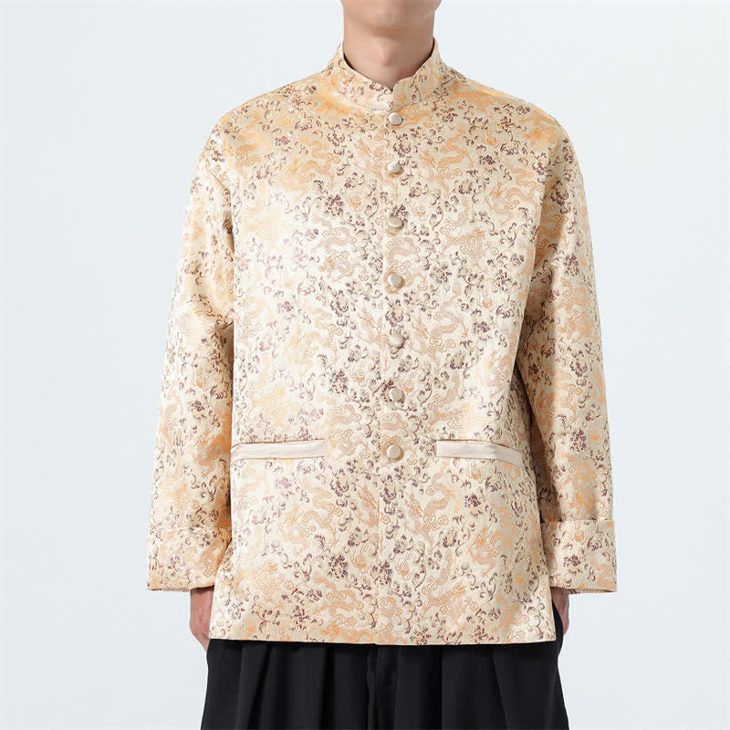 Buddha Stones Fall Winter Tang Style Elegant Mandarin Collar Abstract Dragon Men's Jacket With Pockets - LemonChiffon - US/UK/AU46,EU56 (5XL) - image 22