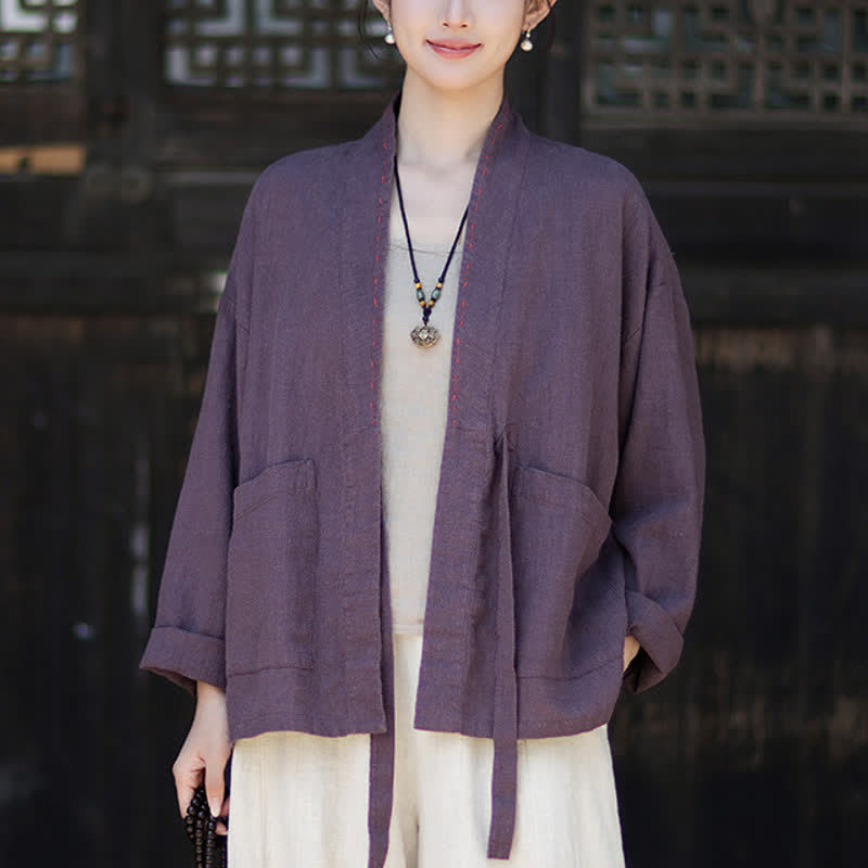 Buddha Stones Spring Summer Casual Minimalist Solid Ramie Women's Kimono With Pockets - RebeccaPurple - US4-6,UK/AU8-10,EU36-38 (F) - image 0