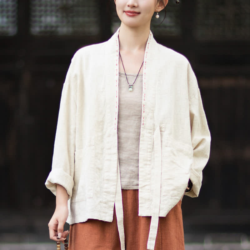 Buddha Stones Spring Summer Casual Minimalist Solid Ramie Women's Kimono With Pockets - Beige - US4-6,UK/AU8-10,EU36-38 (F) - image 7