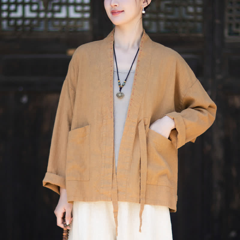 Buddha Stones Spring Summer Casual Minimalist Solid Ramie Women's Kimono With Pockets - Peru - US4-6,UK/AU8-10,EU36-38 (F) - image 13