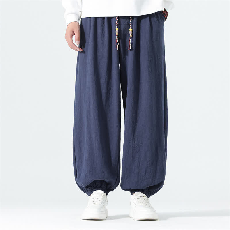 Buddha Stones Spring Summer Casual Minimalist Drawstring Solid Cotton Ankle Pants Men's Tapered Pants With Pockets - Navy - US/UK/AU46,EU56 (5XL) - image 0