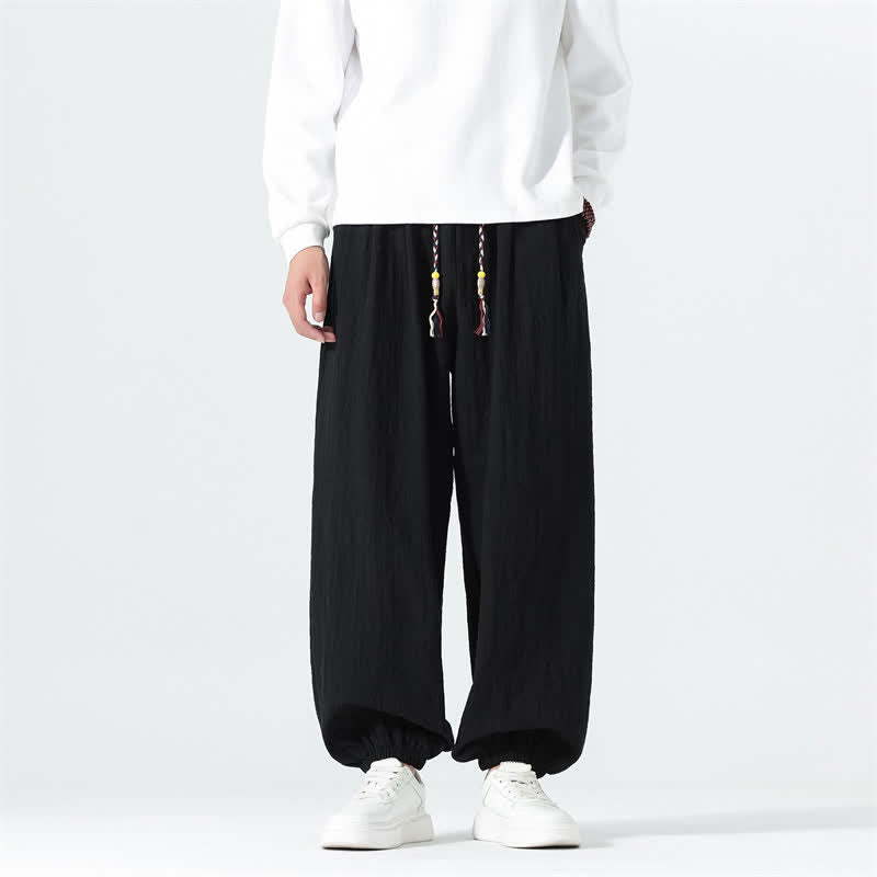 Buddha Stones Spring Summer Casual Minimalist Drawstring Solid Cotton Ankle Pants Men's Tapered Pants With Pockets - Black - US/UK/AU46,EU56 (5XL) - image 8