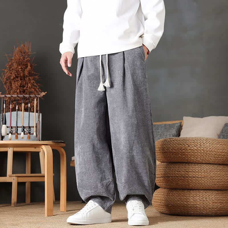 Buddha Stones Fall Winter Casual Vintage Drawstring Solid Ankle Pants Corduroy Men's Straight Leg Pants With Pockets - Gray - US/UK/AU46,EU56 (5XL) - image 0