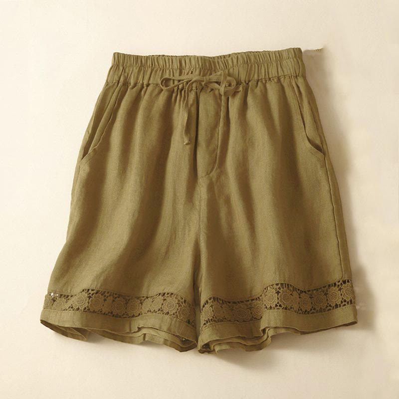 Buddha Stones Plain Color Bottom Hollow Lace Design Lace-up Cotton Women's Shorts With Pockets - Goldenrod - US12,UK/AU16,EU44 (3XL) - image 49