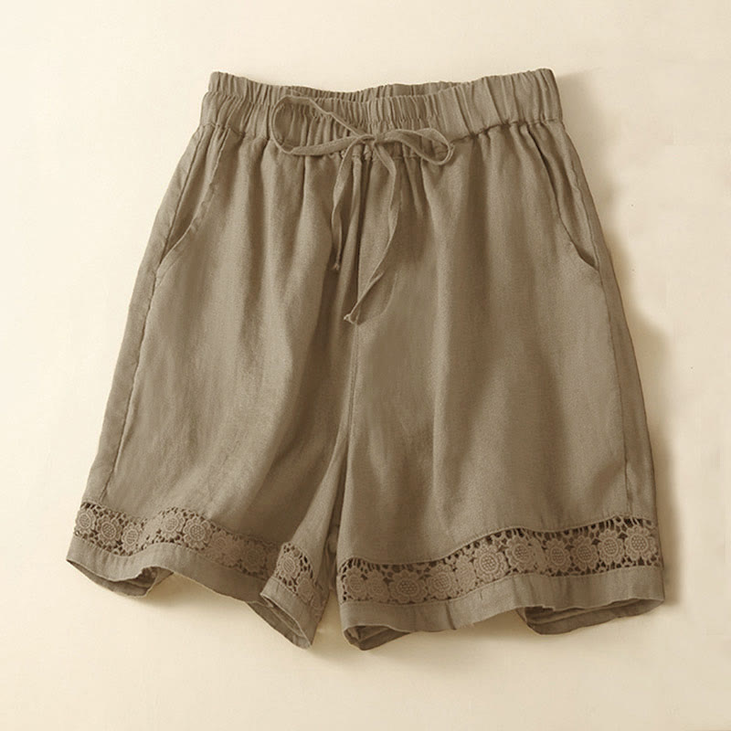 Buddha Stones Plain Color Bottom Hollow Lace Design Lace-up Cotton Women's Shorts With Pockets - Olive - US12,UK/AU16,EU44 (3XL) - image 9