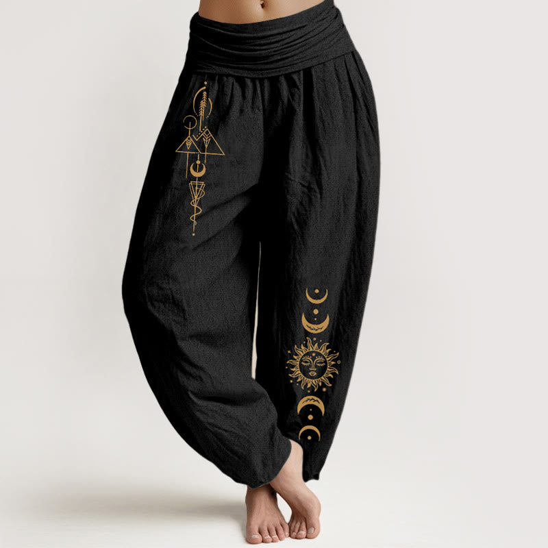 Buddha Stones Pure Cotton Concise Sun Moon Geometric Pattern Women's Elastic Waist Harem Pants - Black - US16,UK/AU20,EU48 (3XL) - image 0