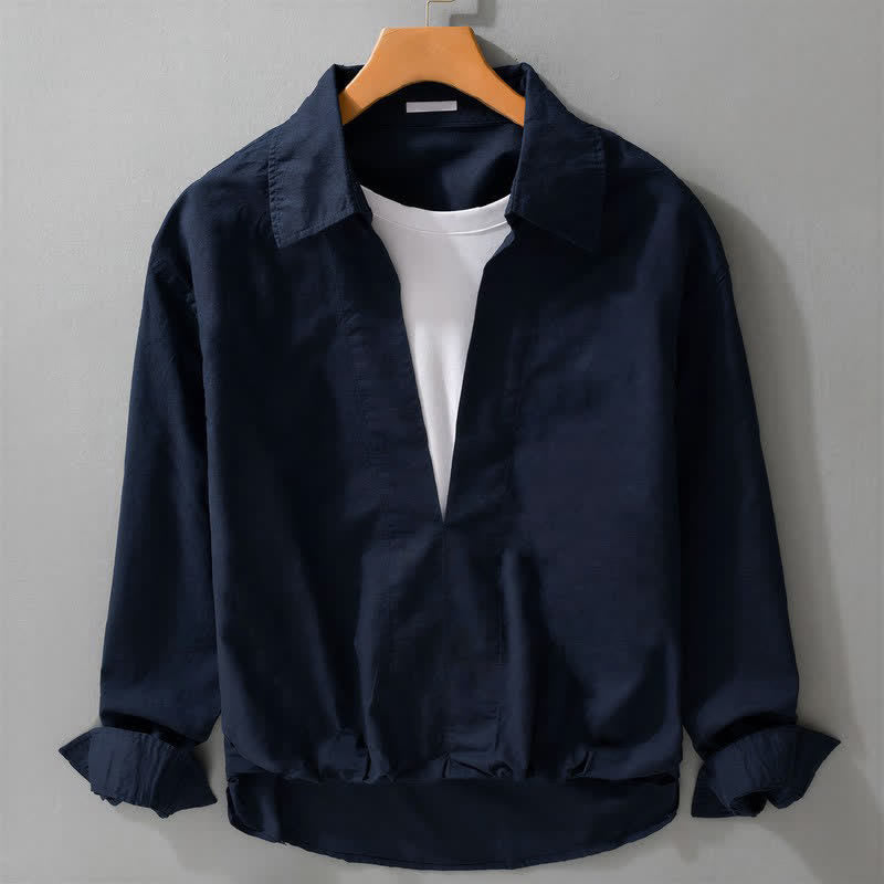Buddha Stones Fall Casual Minimalist Solid Layered Look Men's Long Sleeve Shirts - MidnightBlue - US/UK/AU42,EU52 (3XL) - image 5