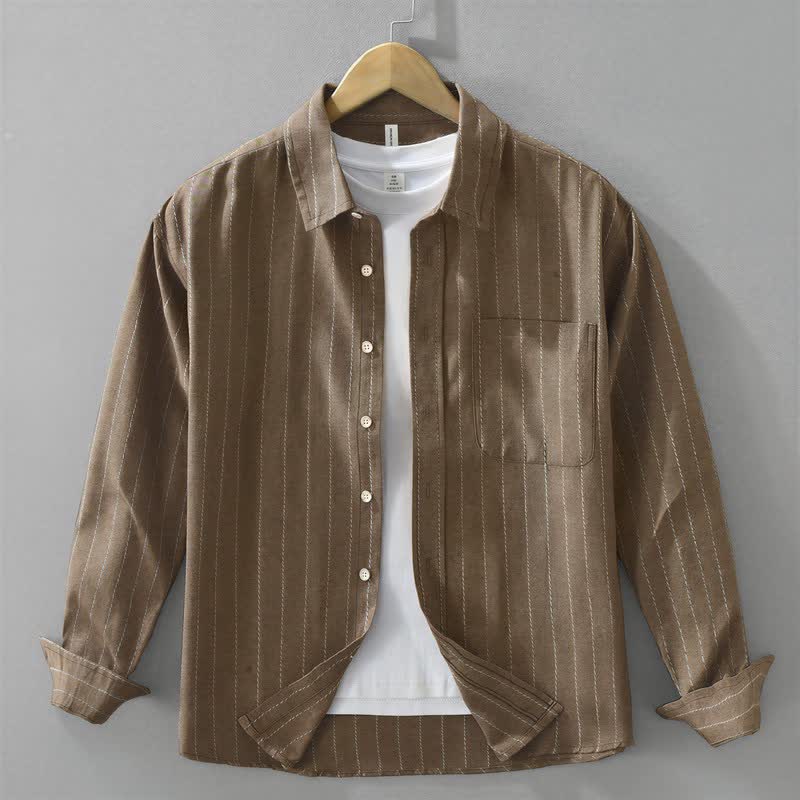 Buddha Stones Fall Casual Vintage Button-Up Striped Cotton Men's Long Sleeve Shirts With Pocket - SaddleBrown - US/UK/AU42,EU52 (3XL) - image 0