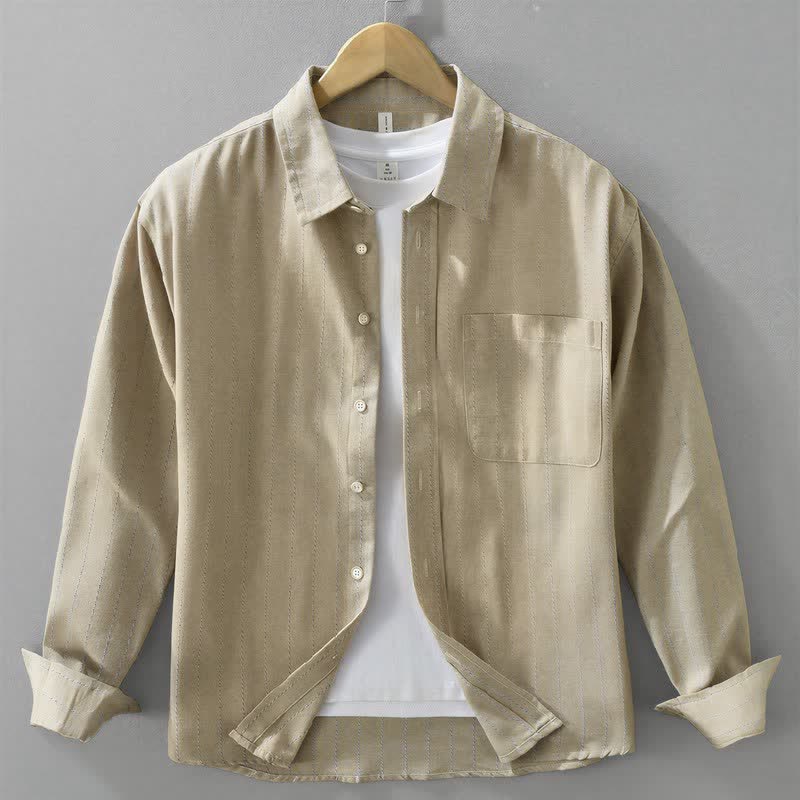 Buddha Stones Fall Casual Vintage Button-Up Striped Cotton Men's Long Sleeve Shirts With Pocket - Beige - US/UK/AU42,EU52 (3XL) - image 9