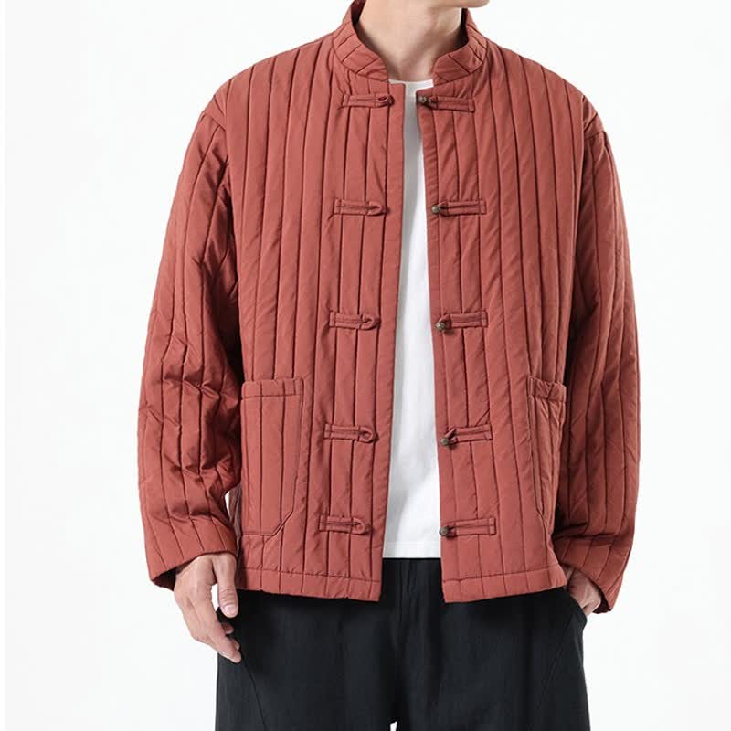 Buddha Stones Fall Winter Casual Tang Style Frog Button Solid Men's Jackets With Pocket - IndianRed - US/UK/AU46,EU56 (5XL) - image 16