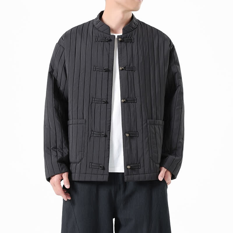 Buddha Stones Fall Winter Casual Tang Style Frog Button Solid Men's Jackets With Pocket - Black - US/UK/AU46,EU56 (5XL) - image 6