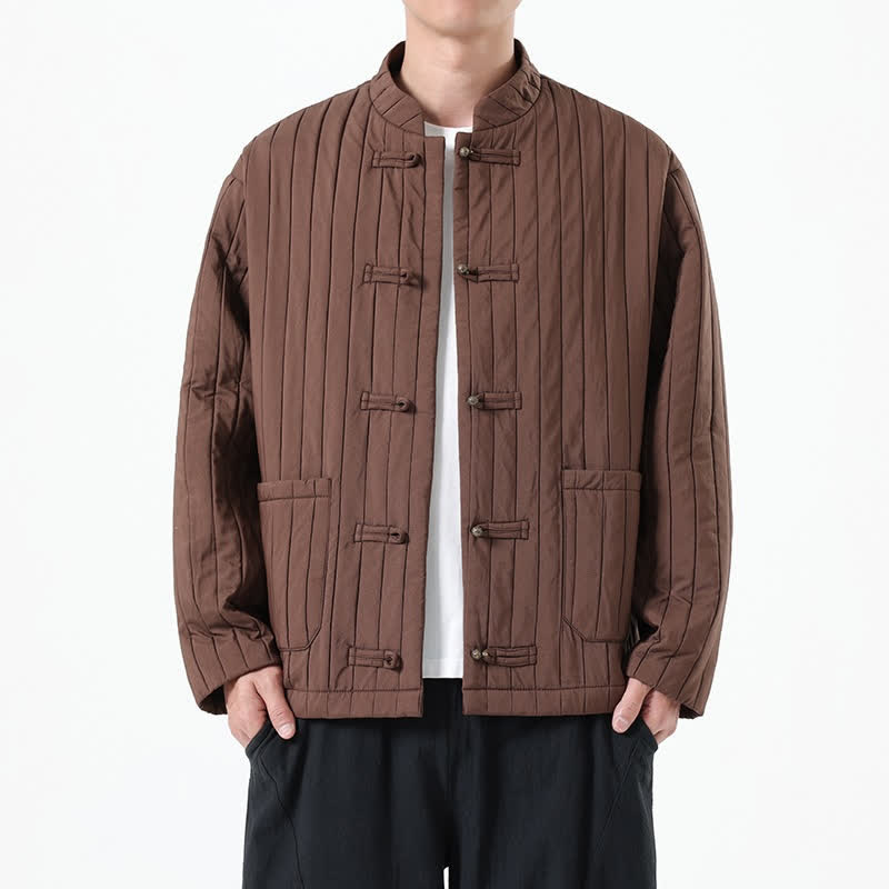 Buddha Stones Fall Winter Casual Tang Style Frog Button Solid Men's Jackets With Pocket - SaddleBrown - US/UK/AU46,EU56 (5XL) - image 0