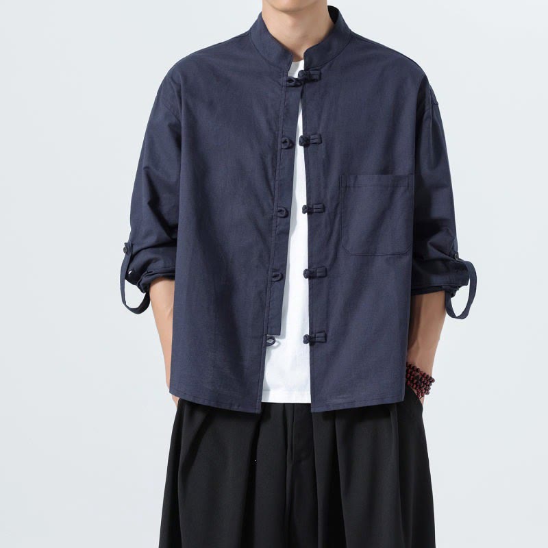 Buddha Stones Spring Fall Tang Style Minimalist Frog Button Mandarin Collar Solid Men's Long Sleeve Shirts With Pocket - Navy - US/UK/AU46,EU56 (5XL) - image 0