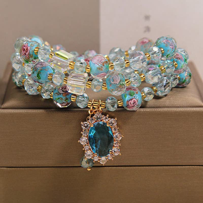 Buddha Stones Blue Liuli Glass Bead Floral Oval Charm Triple Wrap Clarity Bracelet - 5.9-6.3 in / 15-16cm - image 0
