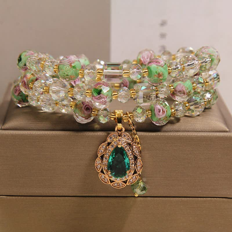 Buddha Stones Golden Liuli Glass Rose Garden Teardrop Energy Triple Wrap Bracelet - Green(Wrist Circumference: 5.9-6.3 in / 15-16cm) - image 0