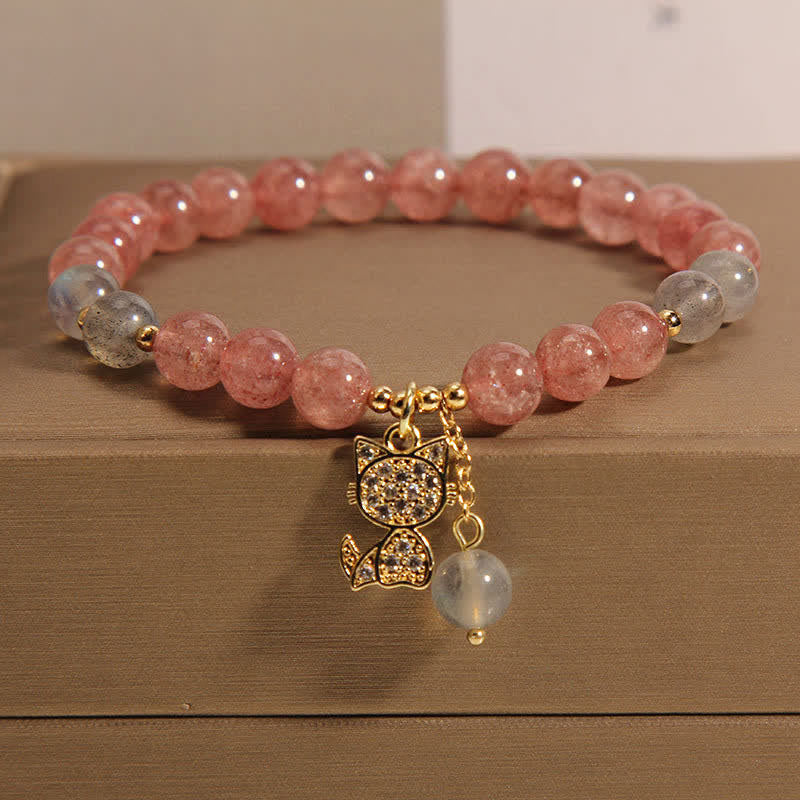Buddha Stones Strawberry Quartz Moonstone Cat Charm Love Bracelet - Strawberry Quartz(Wrist Circumference: 5.5-5.9 in / 14-15cm) - image 0
