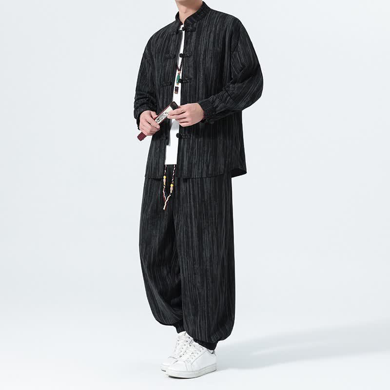 Buddha Stones 2Pcs Fall Winter Tang Style Mandarin Collar Striped Corduroy Shirt Pants Men's Meditation Cloth - Black - US/UK/AU46,EU56 (5XL) - image 10