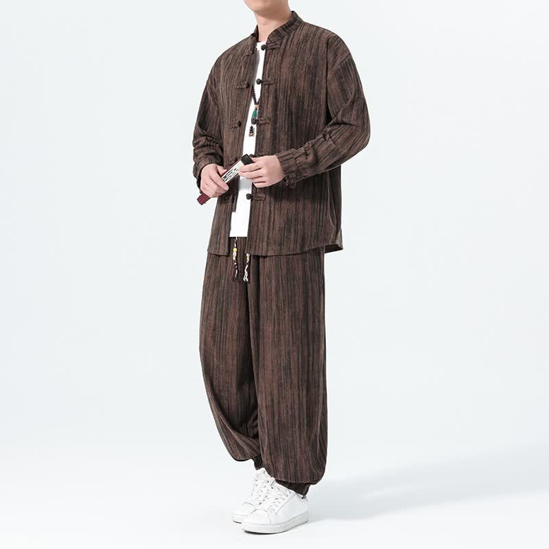 Buddha Stones 2Pcs Fall Winter Tang Style Mandarin Collar Striped Corduroy Shirt Pants Men's Meditation Cloth - SaddleBrown - US/UK/AU46,EU56 (5XL) - image 17