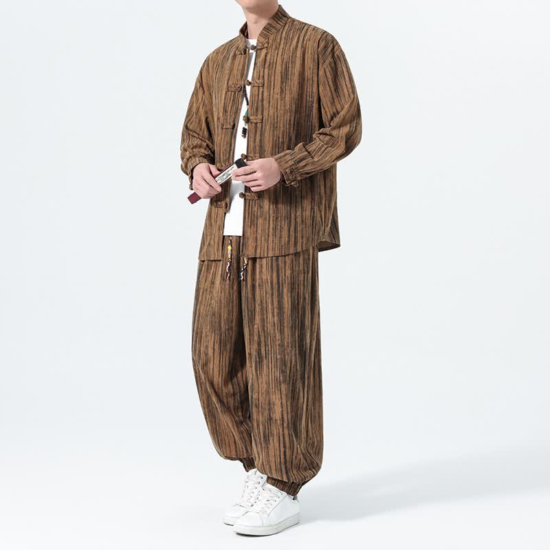 Buddha Stones 2Pcs Fall Winter Tang Style Mandarin Collar Striped Corduroy Shirt Pants Men's Meditation Cloth - Tan - US/UK/AU46,EU56 (5XL) - image 0