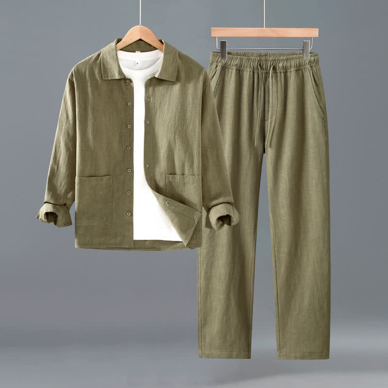 Buddha Stones Spring Fall Casual Minimalist Button-Up Solid Ramie Shirt Pants Men's Meditation Cloth With Pockets - DarkKhaki - US/UK/AU42,EU52 (3XL) - image 12