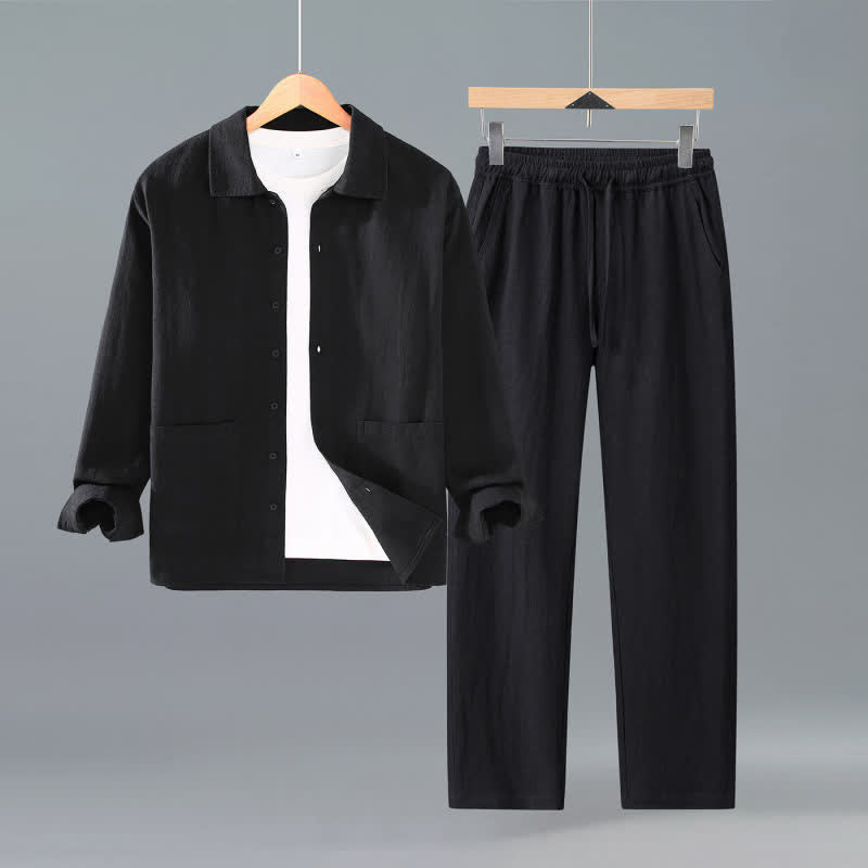 Buddha Stones Spring Fall Casual Minimalist Button-Up Solid Ramie Shirt Pants Men's Meditation Cloth With Pockets - Black - US/UK/AU42,EU52 (3XL) - image 1