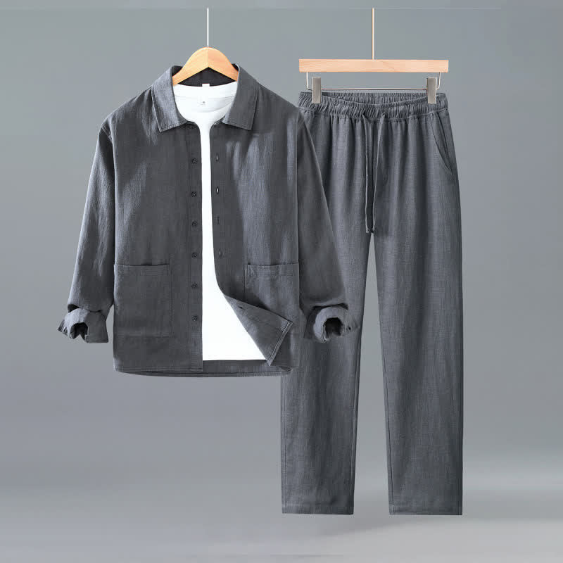 Buddha Stones Spring Fall Casual Minimalist Button-Up Solid Ramie Shirt Pants Men's Meditation Cloth With Pockets - DimGray - US/UK/AU42,EU52 (3XL) - image 0
