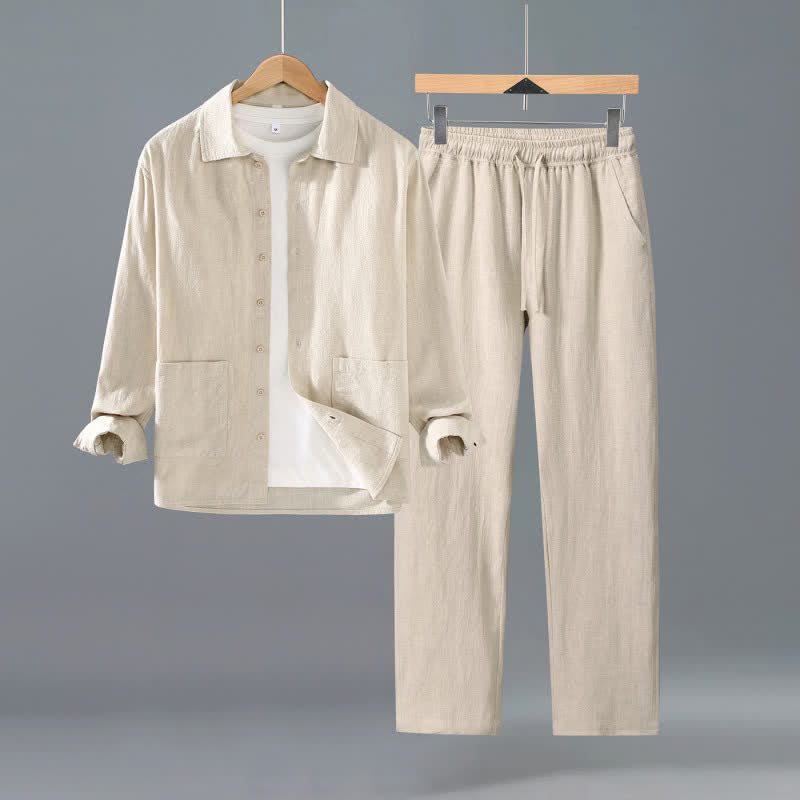 Buddha Stones Spring Fall Casual Minimalist Button-Up Solid Ramie Shirt Pants Men's Meditation Cloth With Pockets - Beige - US/UK/AU42,EU52 (3XL) - image 4