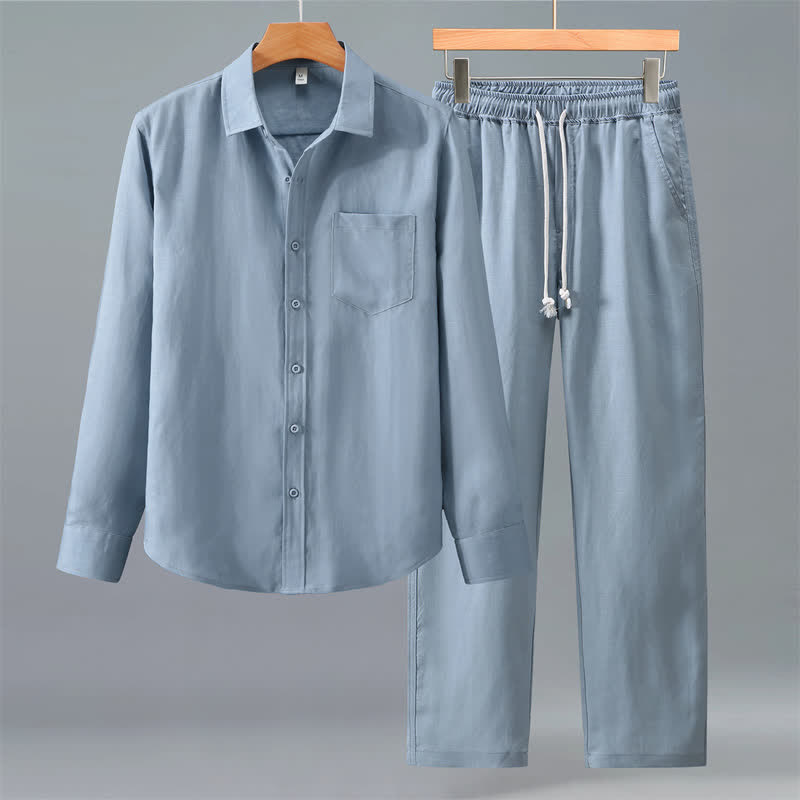 Buddha Stones 2Pcs Spring Fall Casual Button-Up Solid Shirt Pants Men's Meditation Cloth With Pockets - LightSteelBlue - US/UK/AU42,EU52 (3XL) - image 12