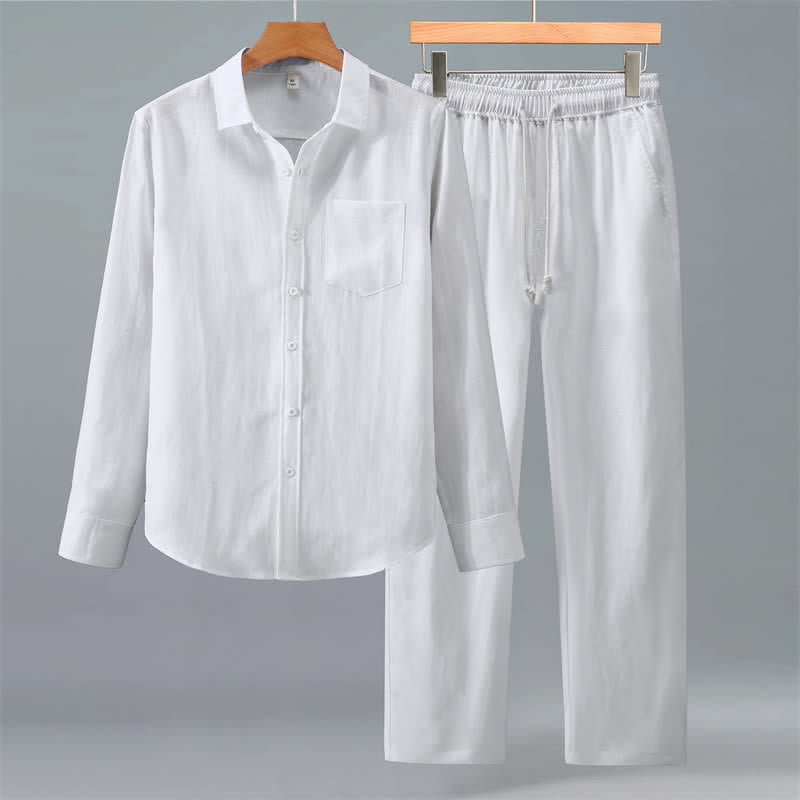 Buddha Stones 2Pcs Spring Fall Casual Button-Up Solid Shirt Pants Men's Meditation Cloth With Pockets - White - US/UK/AU42,EU52 (3XL) - image 15