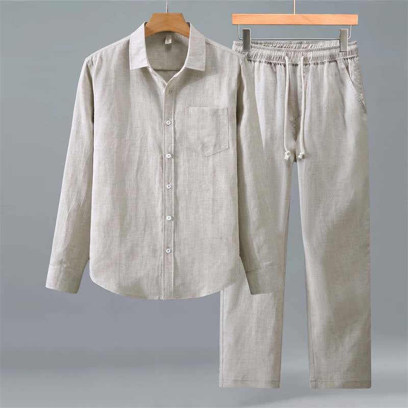 Buddha Stones 2Pcs Spring Fall Casual Button-Up Solid Shirt Pants Men's Meditation Cloth With Pockets - Beige - US/UK/AU42,EU52 (3XL) - image 0