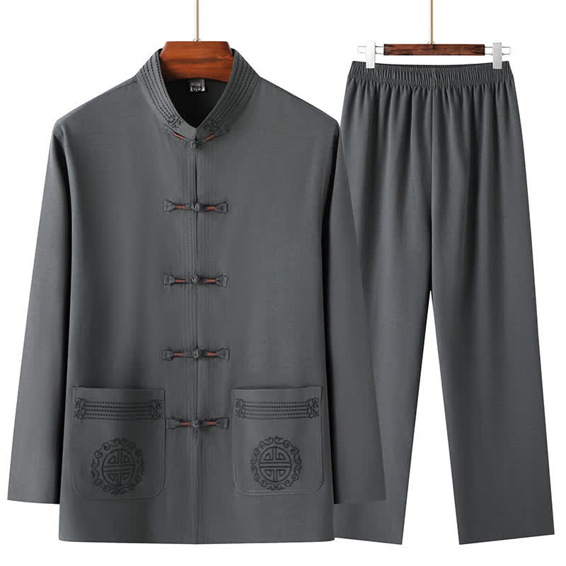 Buddha Stones 2Pcs Spring Fall Tang Style Casual Mandarin Collar Frog Button Solid Shirt Pants Men's Meditation Cloth With Pockets - DimGray - US/UK/AU44,EU54 (4XL) - image 0