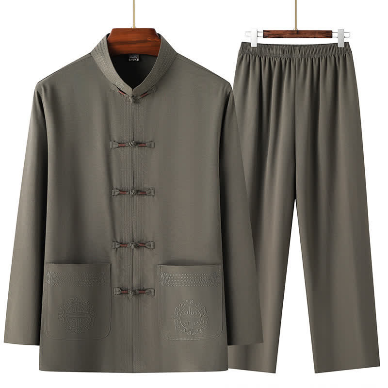 Buddha Stones 2Pcs Spring Fall Tang Style Casual Mandarin Collar Frog Button Solid Shirt Pants Men's Meditation Cloth With Pockets - DarkOliveGreen - US/UK/AU44,EU54 (4XL) - image 10