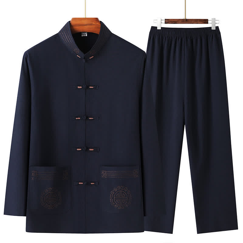Buddha Stones 2Pcs Spring Fall Tang Style Casual Mandarin Collar Frog Button Solid Shirt Pants Men's Meditation Cloth With Pockets - MidnightBlue - US/UK/AU44,EU54 (4XL) - image 8