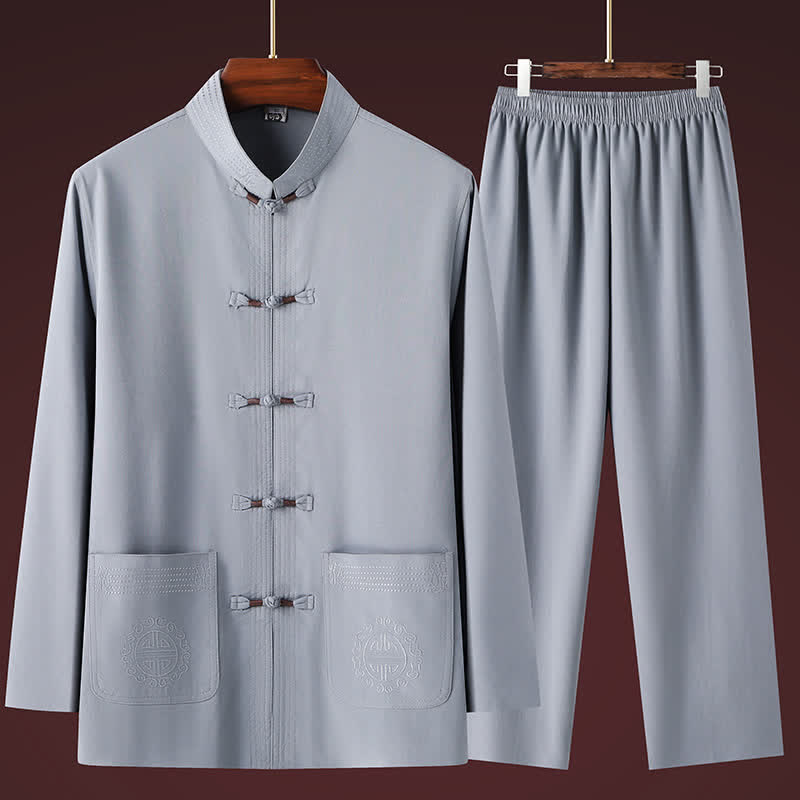 Buddha Stones 2Pcs Spring Fall Tang Style Casual Mandarin Collar Frog Button Solid Shirt Pants Men's Meditation Cloth With Pockets - LightGray - US/UK/AU44,EU54 (4XL) - image 12