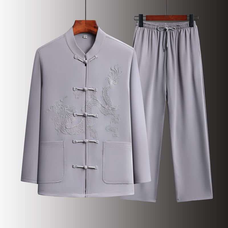 Buddha Stones Spring 2Pcs Fall Tang Style Mandarin Collar Frog Button Embroidery Dragon Shirt Pants Men's Meditation Cloth With Pockets - LightGray - US/UK/AU44,EU54 (4XL) - image 12