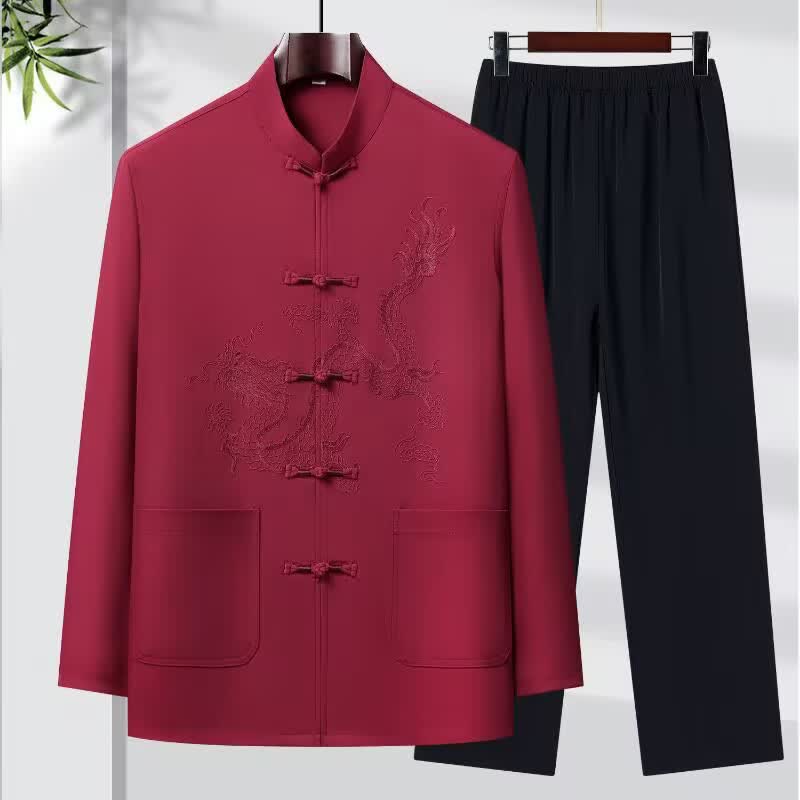 Buddha Stones Spring 2Pcs Fall Tang Style Mandarin Collar Frog Button Embroidery Dragon Shirt Pants Men's Meditation Cloth With Pockets - Firebrick - US/UK/AU44,EU54 (4XL) - image 10