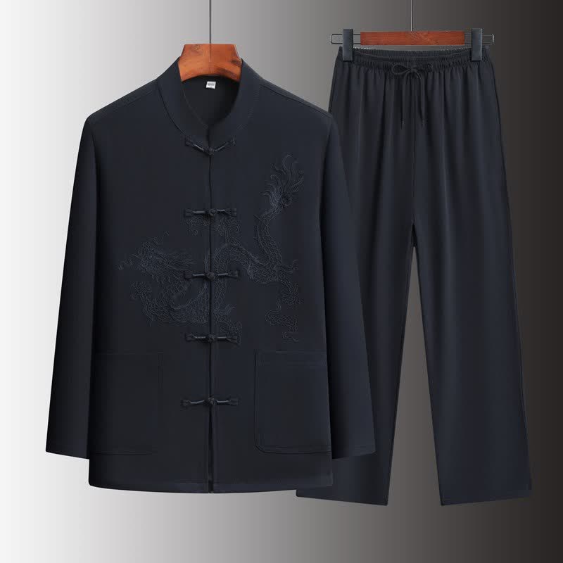 Buddha Stones Spring 2Pcs Fall Tang Style Mandarin Collar Frog Button Embroidery Dragon Shirt Pants Men's Meditation Cloth With Pockets - MidnightBlue - US/UK/AU44,EU54 (4XL) - image 11