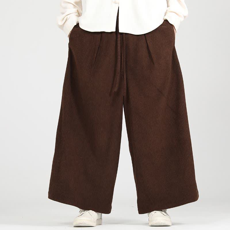 Buddha Stones Fall Winter Casual Vintage Drawstring Solid Corduroy Cropped Pants Men's Wide Leg Pants With Pockets - image 2
