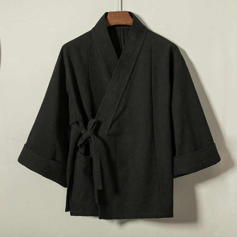 Buddha Stones Fall Winter Minimalist Drawstring V-Neck Lace-up Solid Cotton Men's Kimono - Black - US/UK/AU44,EU54 (4XL) - image 8