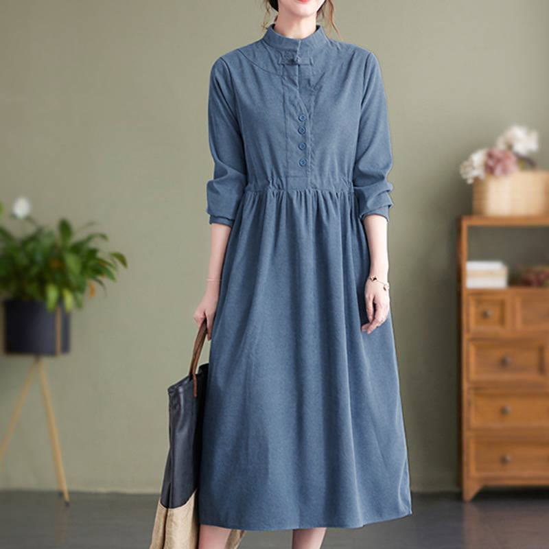 Buddha Stones Fall Winter Tang Style Vintage Mandarin Collar Solid Corduroy Women's Long Sleeve Dress With Pocket - image 3