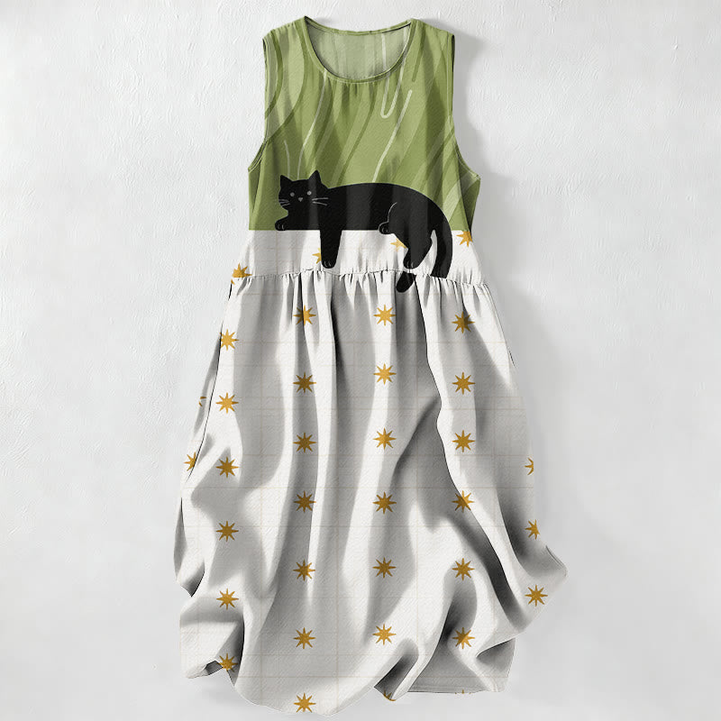 Buddha Stones Summer Casual Black Cat Stars Pattern Women's Summer Sleeveless Midi Dress With Pockets - YellowGreen - US16,UK/AU20,EU48 (3XL) - image 0