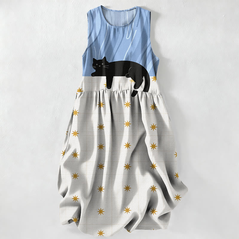 Buddha Stones Summer Casual Black Cat Stars Pattern Women's Summer Sleeveless Midi Dress With Pockets - LightSkyBlue - US16,UK/AU20,EU48 (3XL) - image 4