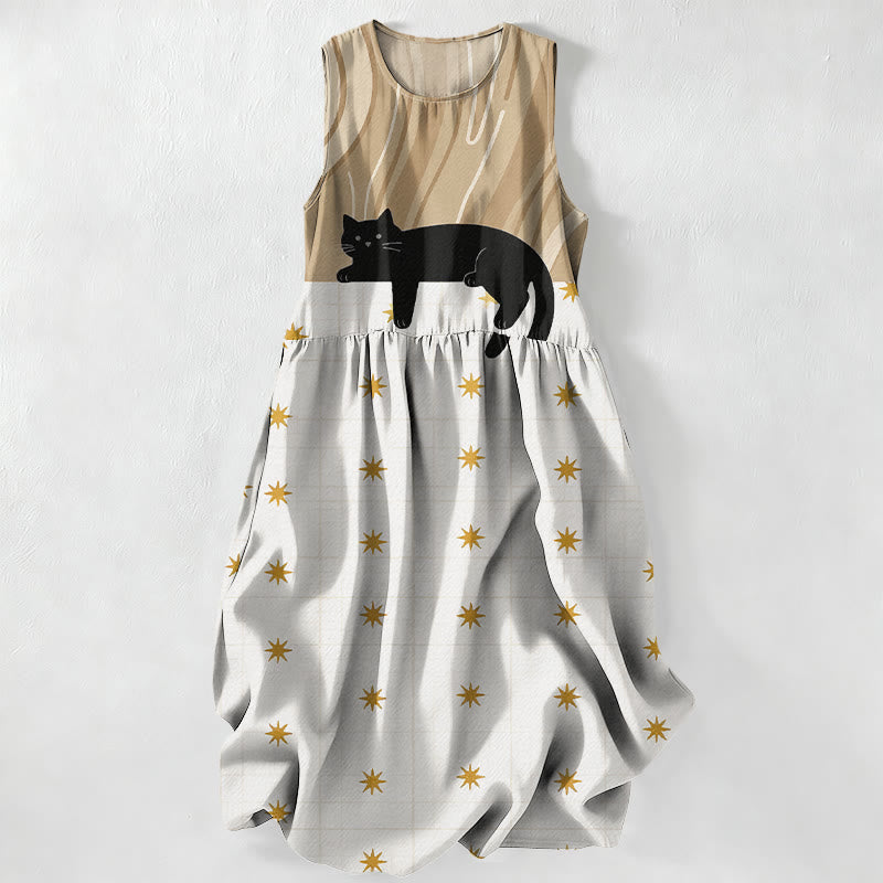 Buddha Stones Summer Casual Black Cat Stars Pattern Women's Summer Sleeveless Midi Dress With Pockets - Tan - US16,UK/AU20,EU48 (3XL) - image 5