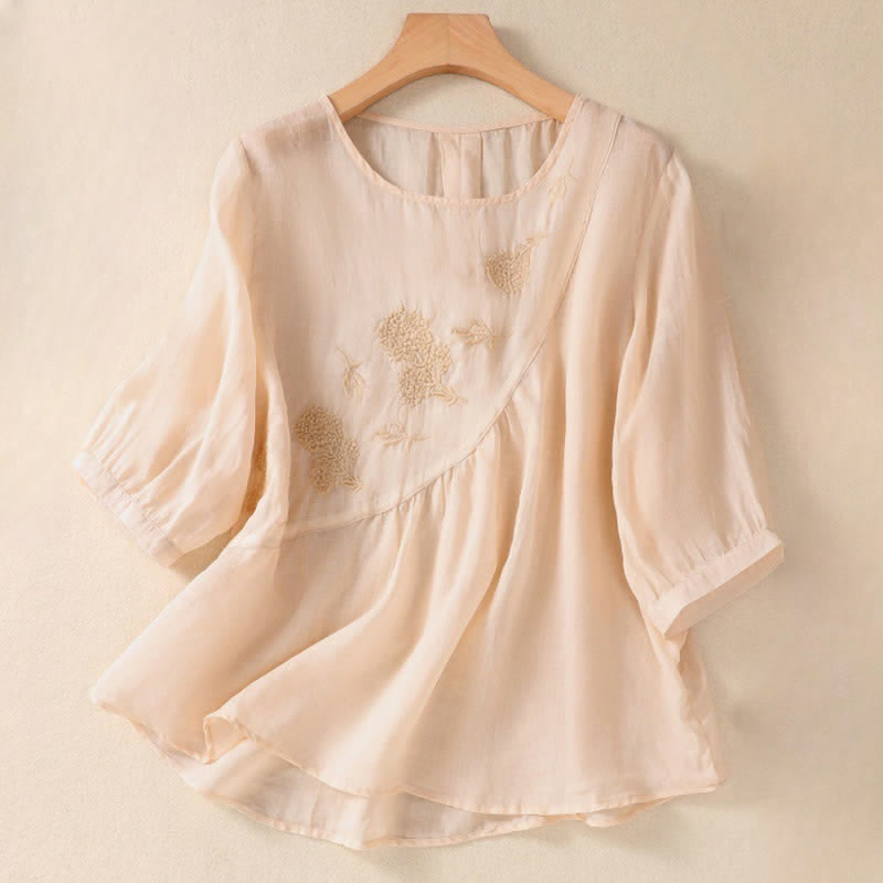 Buddha Stones Embroidered Flower Crew Neck Design Women's Half Sleeve Shirt - PapayaWhip - US8-10,UK/AU12-14,EU40-42 (2XL) - image 22