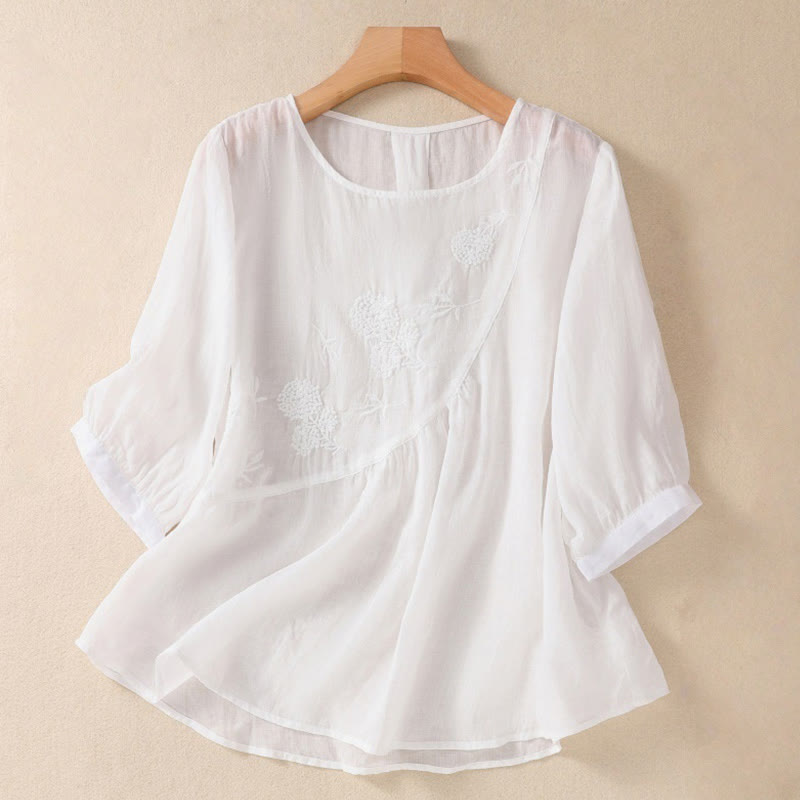 Buddha Stones Embroidered Flower Crew Neck Design Women's Half Sleeve Shirt - Snow - US8-10,UK/AU12-14,EU40-42 (2XL) - image 7