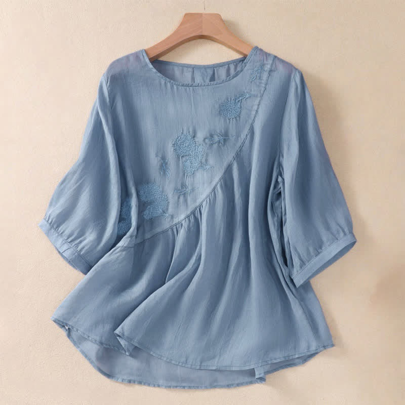 Buddha Stones Embroidered Flower Crew Neck Design Women's Half Sleeve Shirt - CornflowerBlue - US8-10,UK/AU12-14,EU40-42 (2XL) - image 0