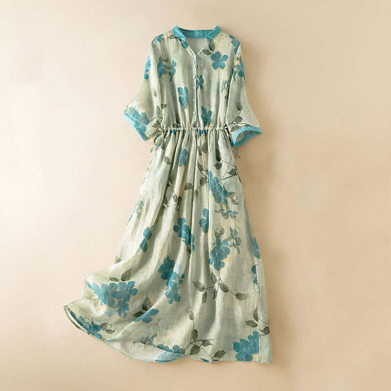 Buddha Stones Half Sleeve Color Contrast Floral Pattern Midi Dress With Pockets - LightGreen - US12,UK/AU16,EU44 (3XL) - image 0